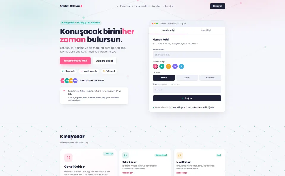 Şehir Sohbet Odaları web tasarım referansı