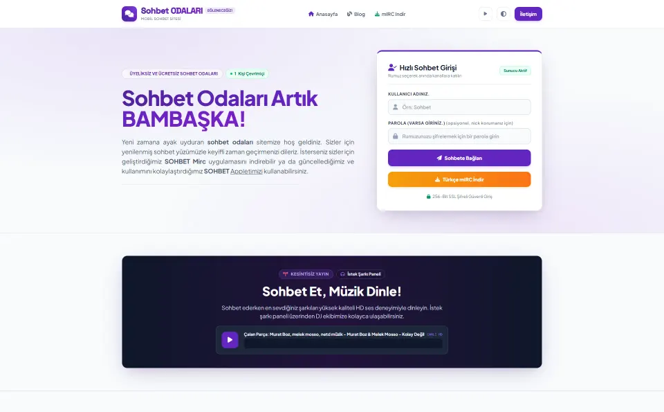 Sohbet Odaları · Mor Tema web tasarım referansı