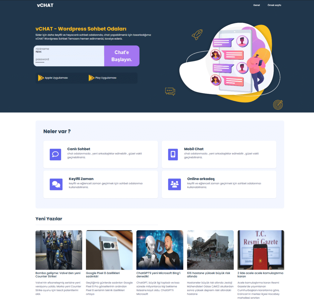 vChat ücretli wordpress sohbet teması
